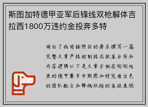 斯图加特德甲亚军后锋线双枪解体吉拉西1800万违约金投奔多特